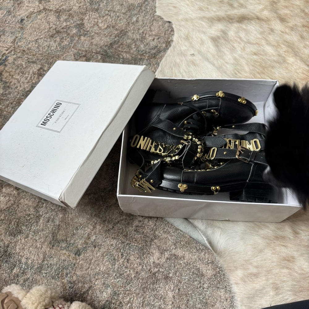 Moschino Black Leather Ankle Boots with Gold Accents - Picture 3 of 5